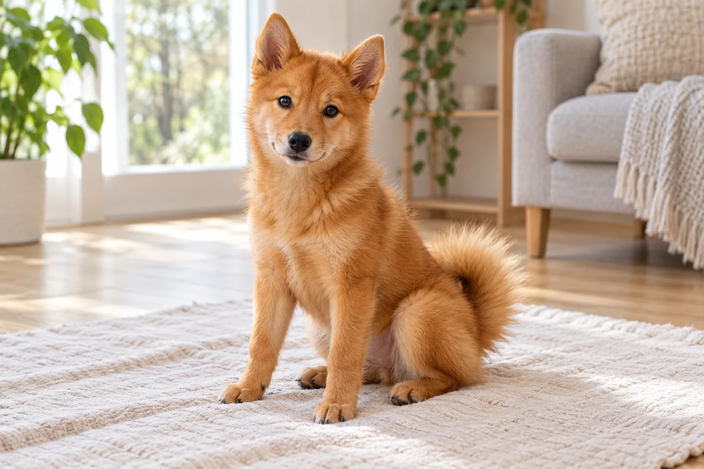Finnish Spitz puppy resting on a blanket with natural ears and tail