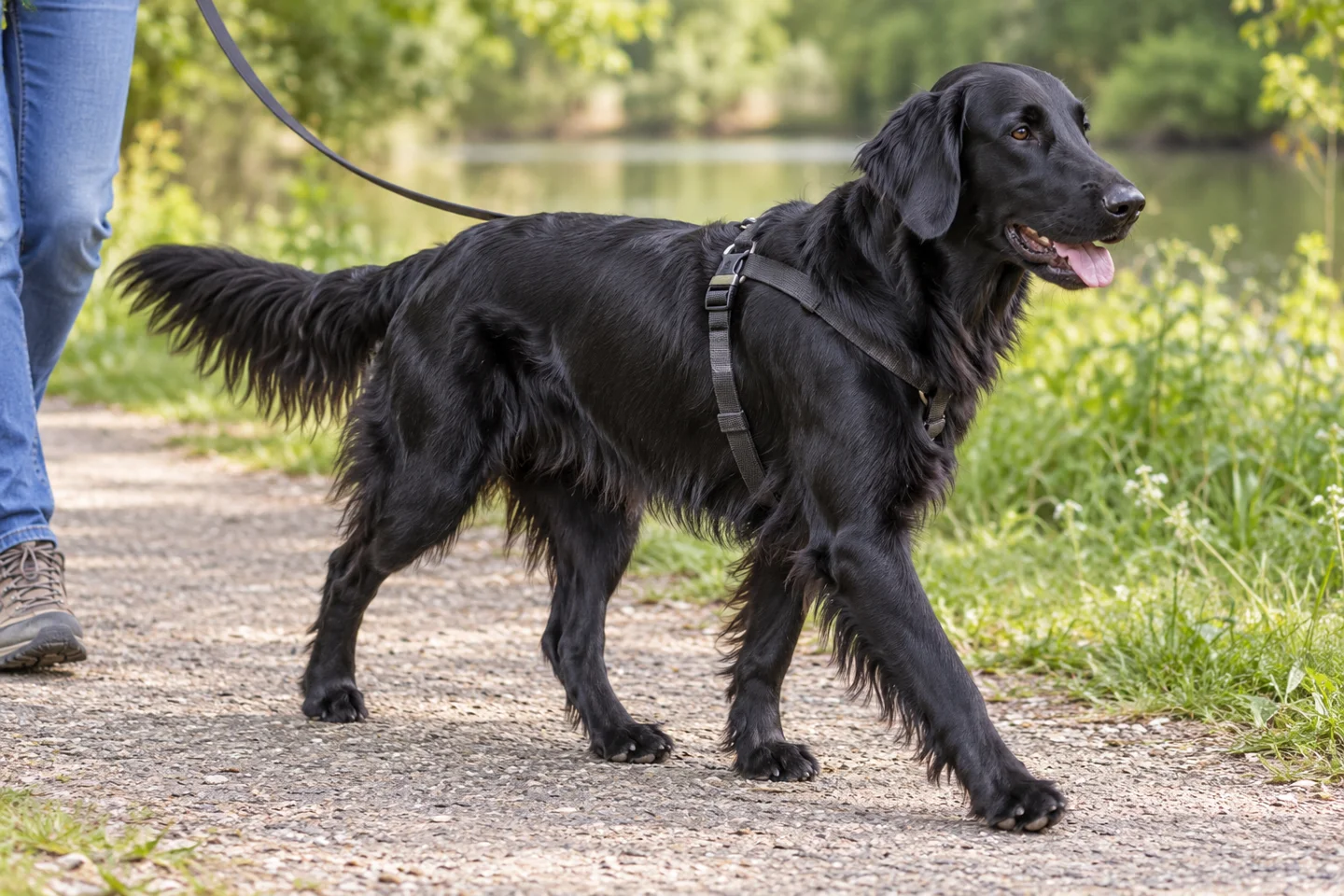 Flat-Coated Retriever walking beside an adult handler on a quiet path with natural ears and tail
