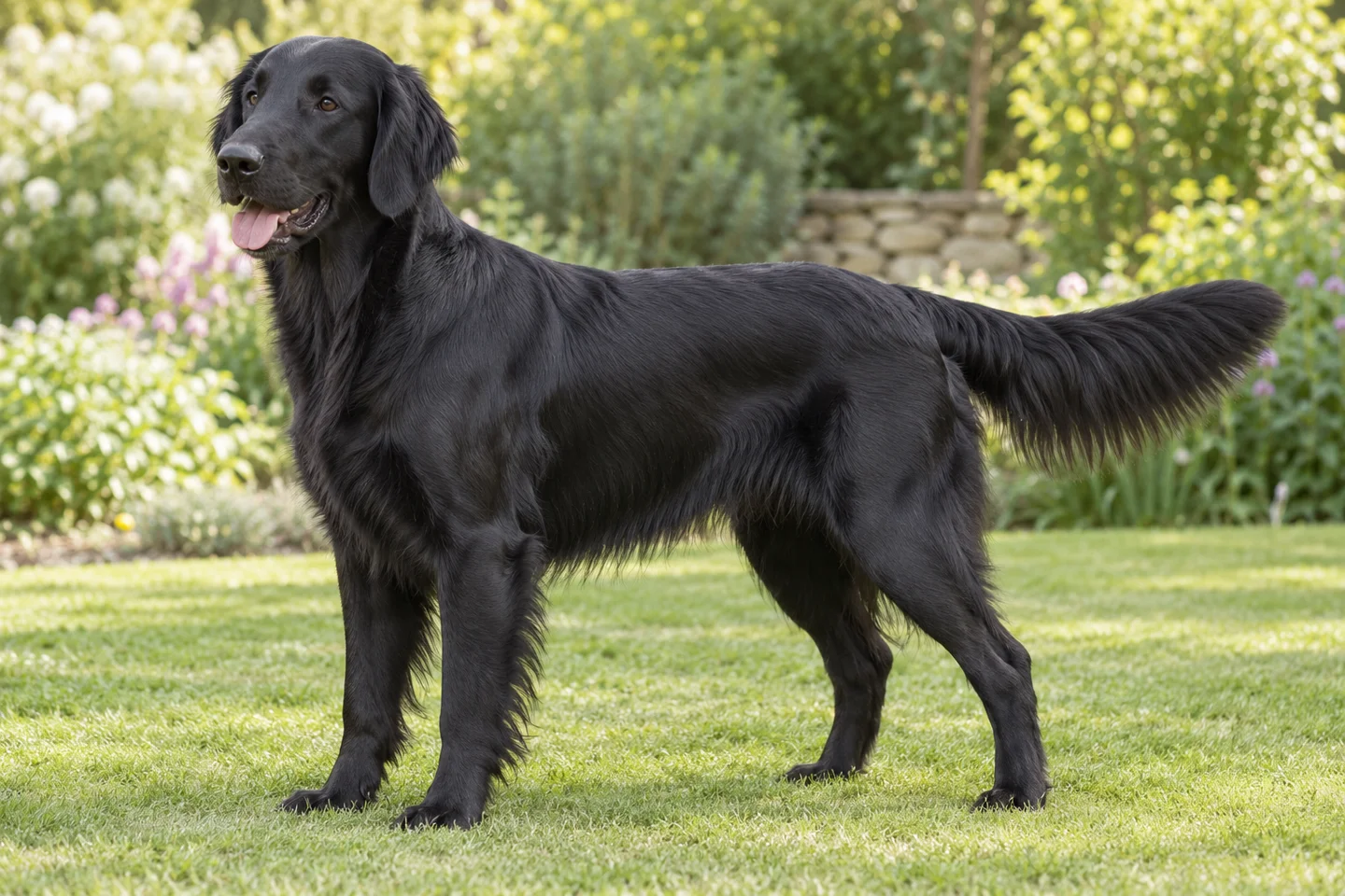 Flat-Coated Retriever adult standing on grass with natural ears and tail