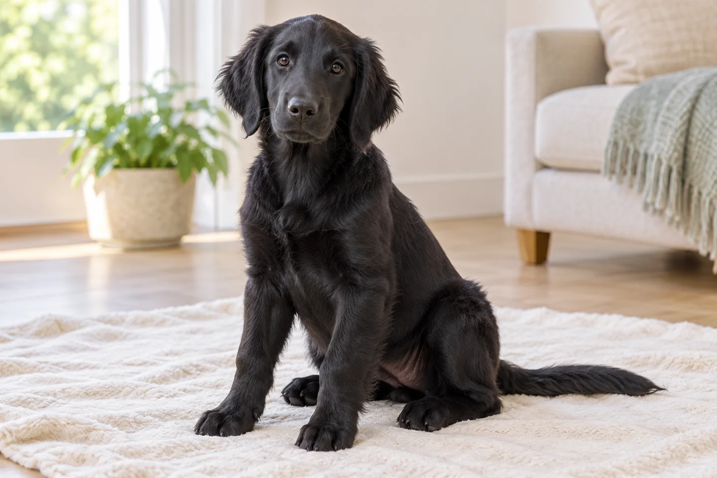 Flat-Coated Retriever puppy resting on a blanket with natural ears and tail