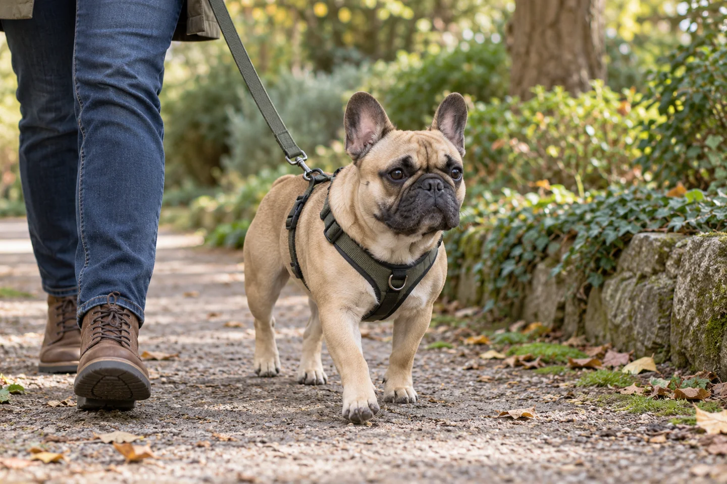Fawn French Bulldog walking on a shaded path in a harness beside a person
