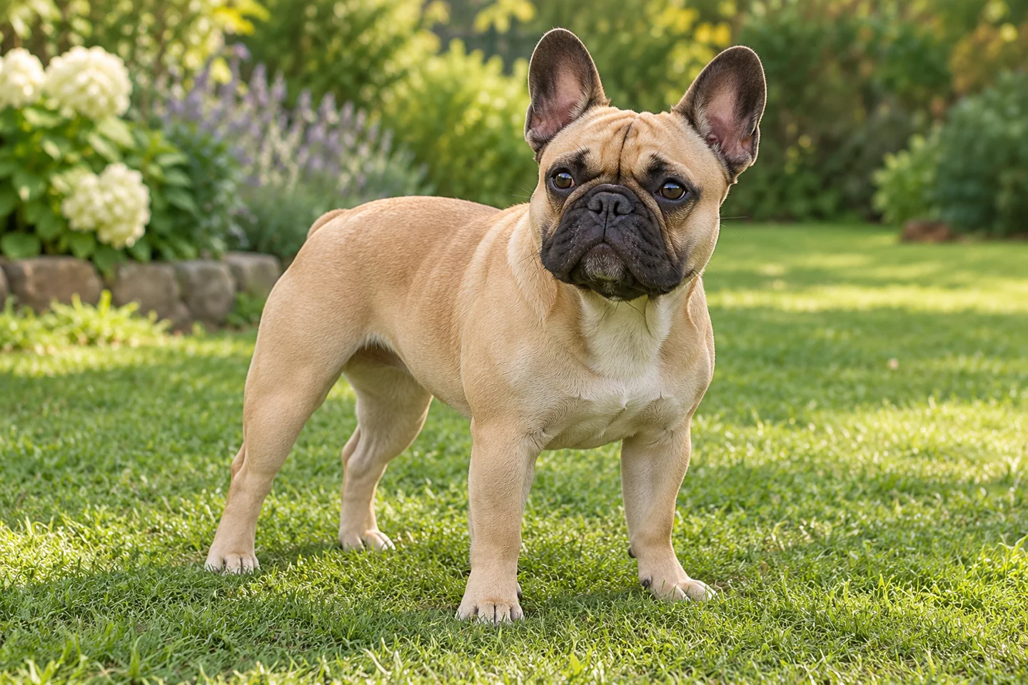 Adult fawn French Bulldog with a black mask and upright bat ears standing on a lawn