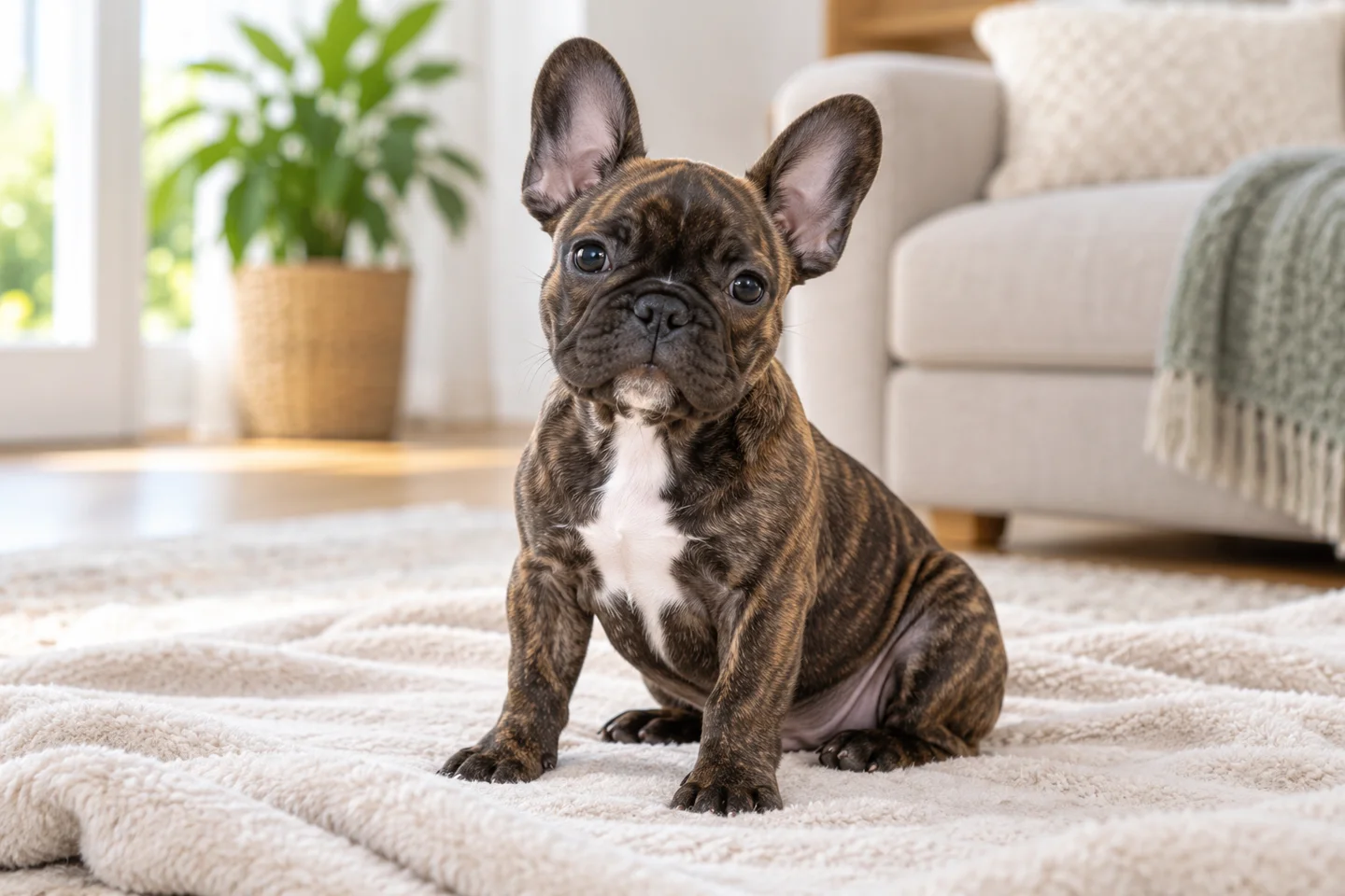 Brindle French Bulldog puppy with upright ears sitting on a blanket