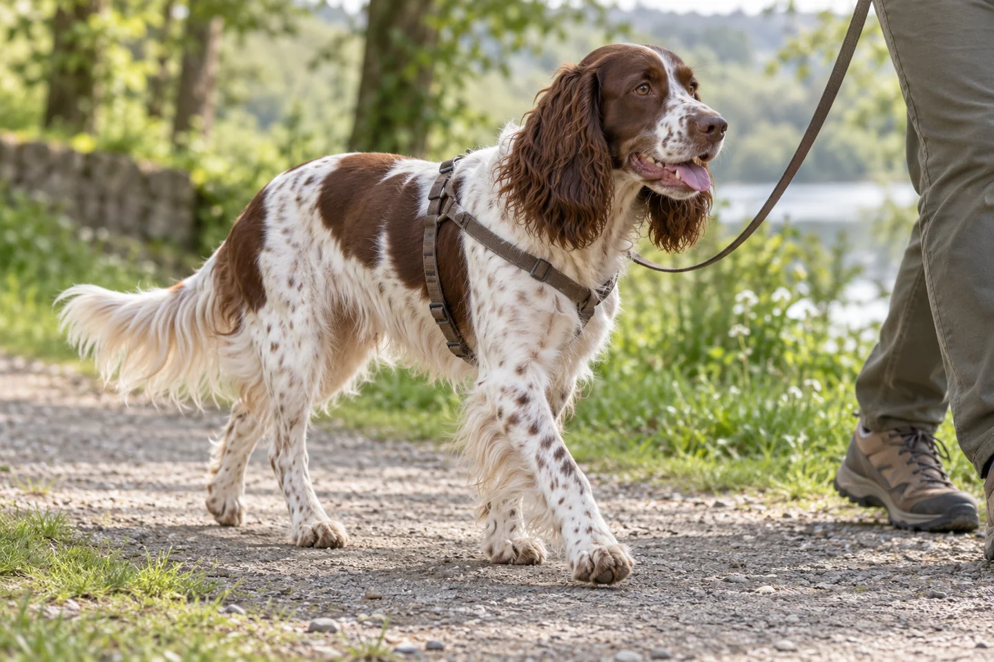 French Spaniel walking beside an adult handler on a quiet path with natural ears and tail