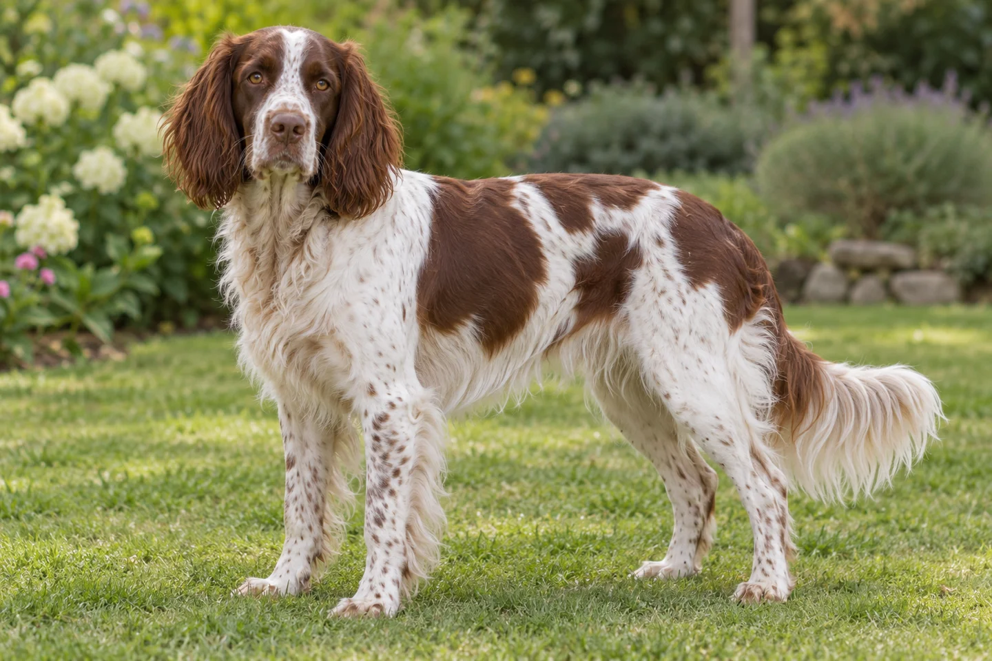 French Spaniel adult standing on grass with natural ears and tail