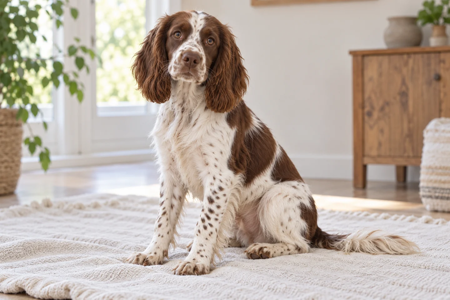 French Spaniel puppy resting on a blanket with natural ears and tail