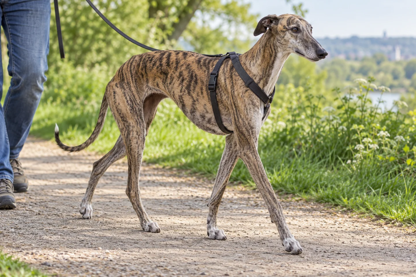 Galgo Español walking beside an adult handler on a quiet path with natural ears and tail