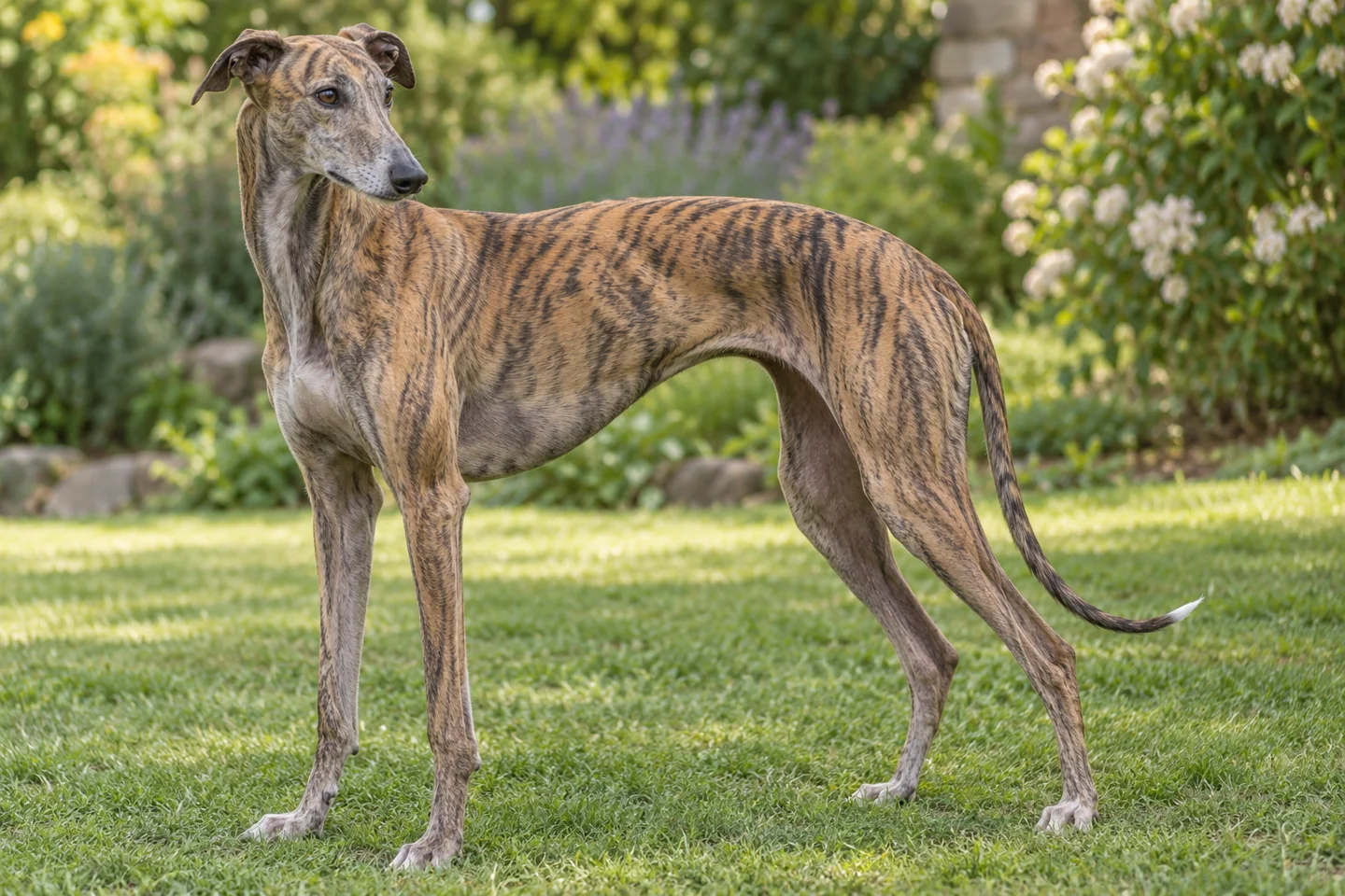 Galgo Español adult standing on grass with natural ears and tail
