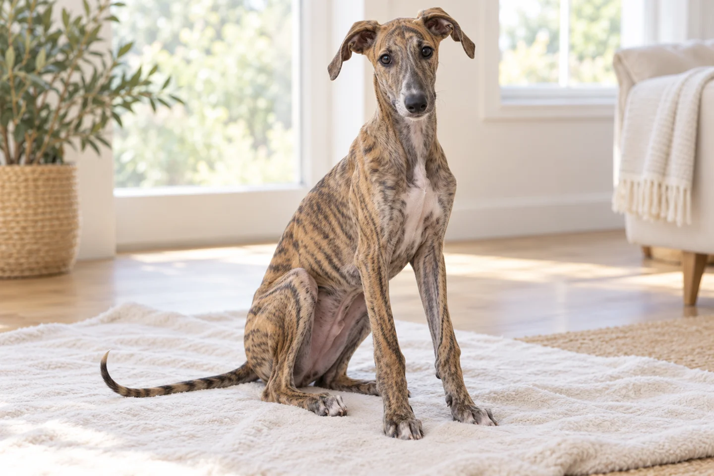 Galgo Español puppy resting on a blanket with natural ears and tail