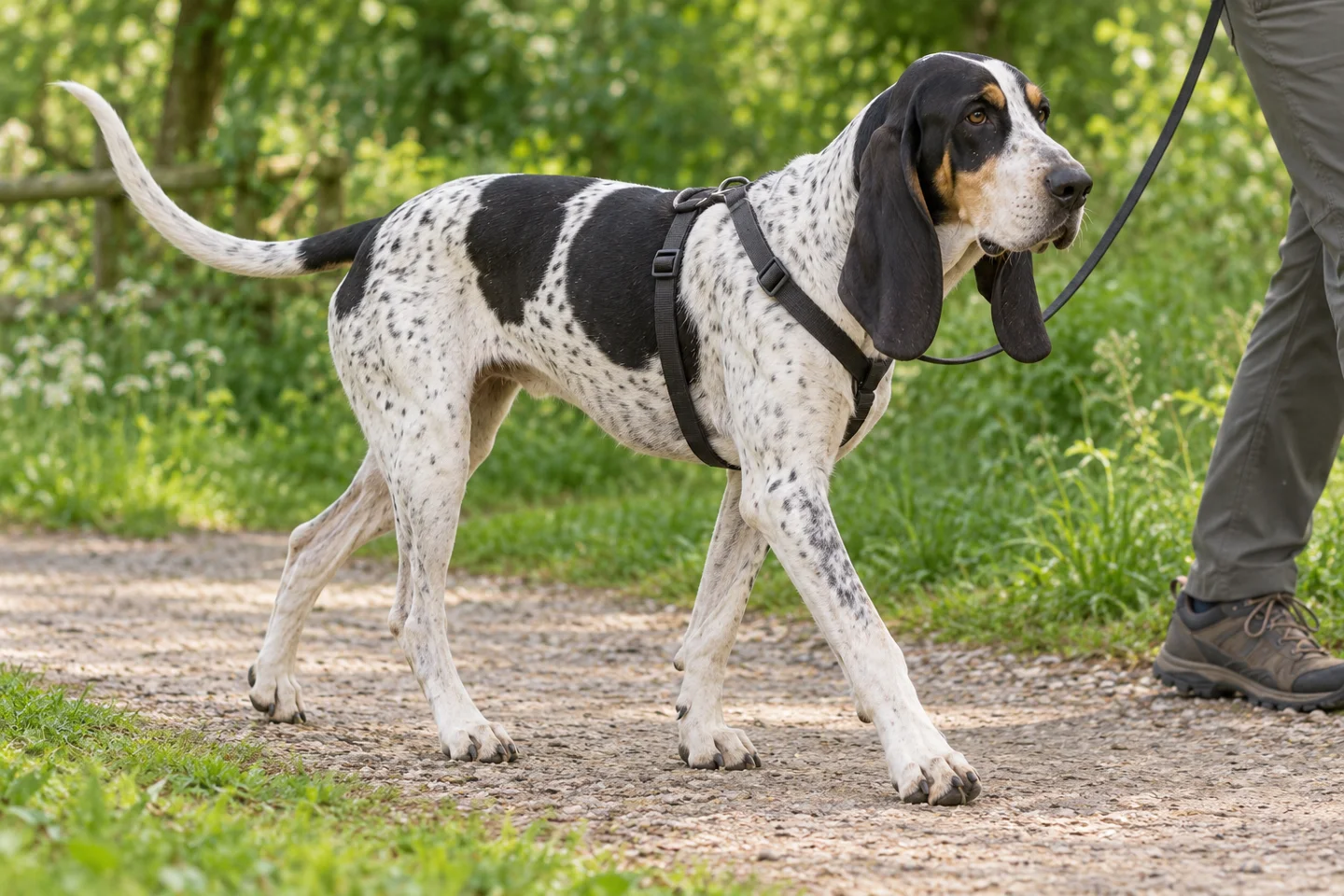 Gascon Saintongeois (Grand variety) walking comfortably beside an adult handler, with natural ears and tail