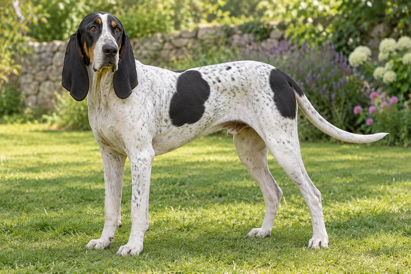 Gascon Saintongeois (Grand variety) adult standing naturally on a garden lawn, with natural ears and tail