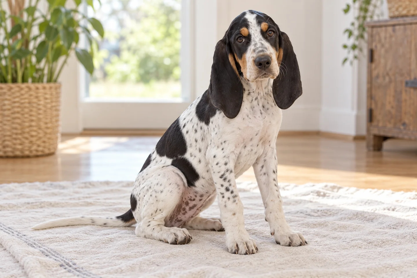 Gascon Saintongeois (Grand variety) young dog resting on a pale blanket, with natural ears and tail