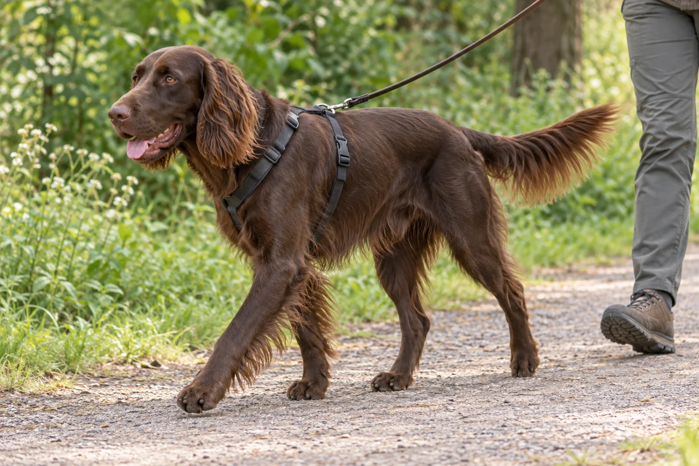 German Longhaired Pointer (solid brown) walking comfortably beside an adult handler, with natural ears and tail