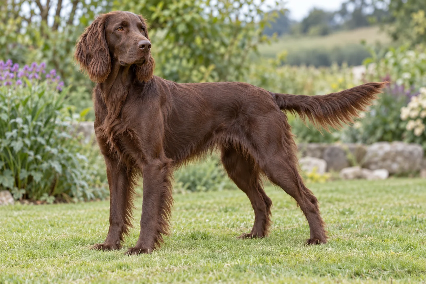 German Longhaired Pointer (solid brown) adult standing naturally on a garden lawn, with natural ears and tail