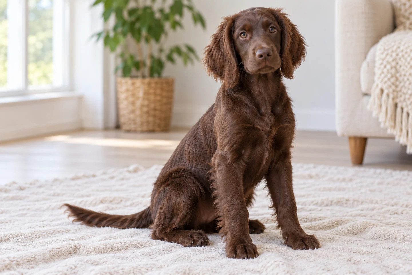 German Longhaired Pointer (solid brown) young dog resting on a pale blanket, with natural ears and tail