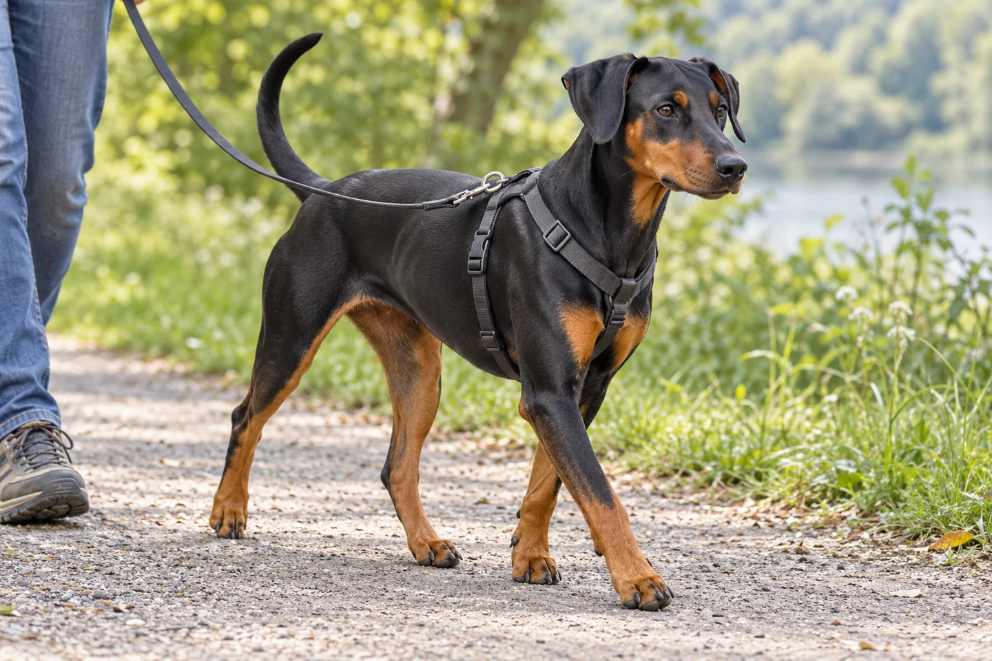 German Pinscher (black and tan, natural drop ears and full tail) walking comfortably beside an adult handler, with natural ears and tail