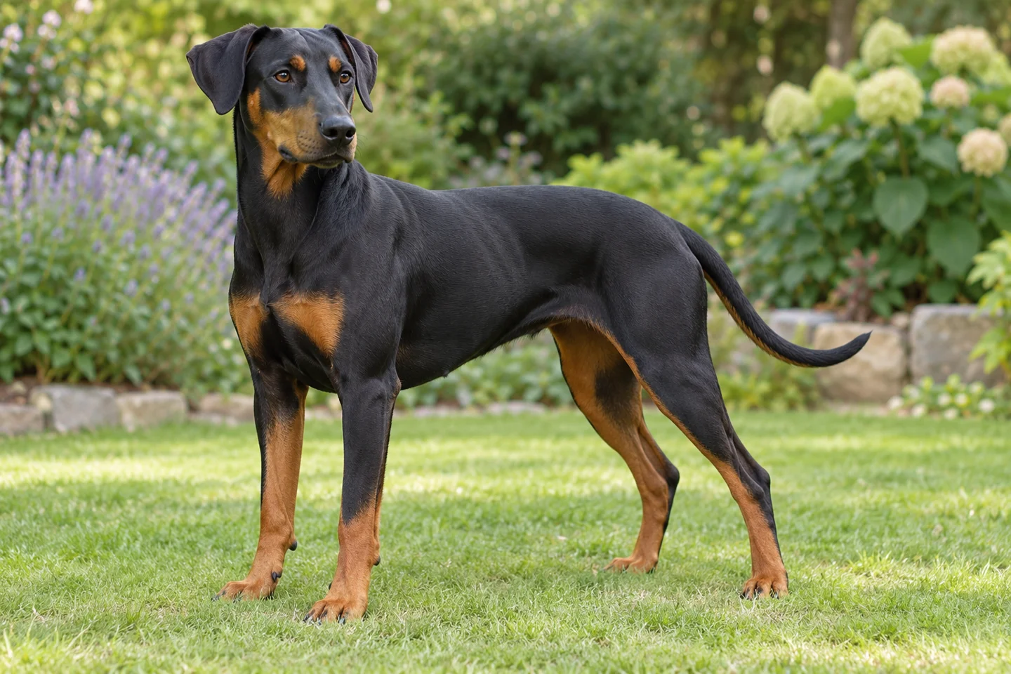 German Pinscher (black and tan, natural drop ears and full tail) adult standing naturally on a garden lawn, with natural ears and tail