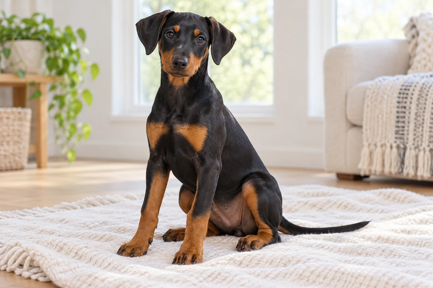 German Pinscher (black and tan, natural drop ears and full tail) young dog resting on a pale blanket, with natural ears and tail