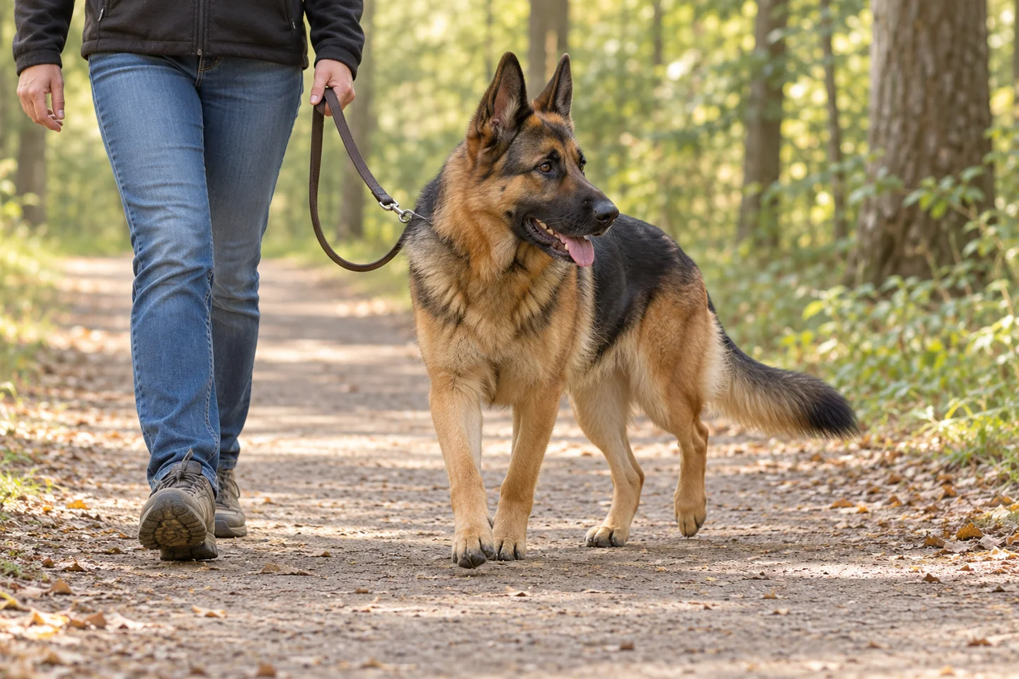 Adult sable German Shepherd walking beside a person on a loose leash