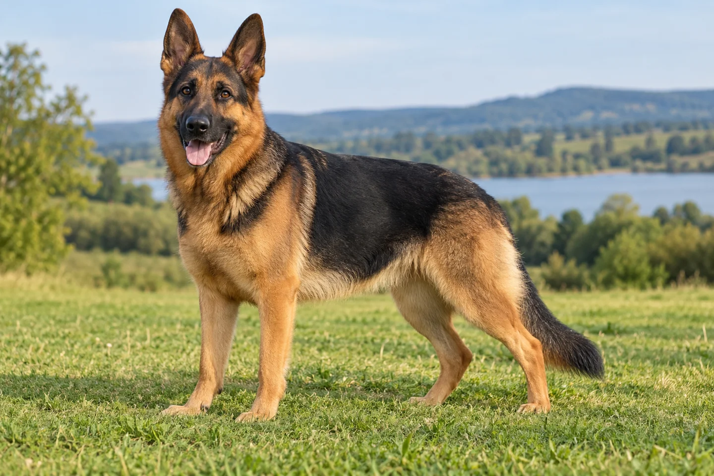 Adult black and tan German Shepherd standing naturally on grass
