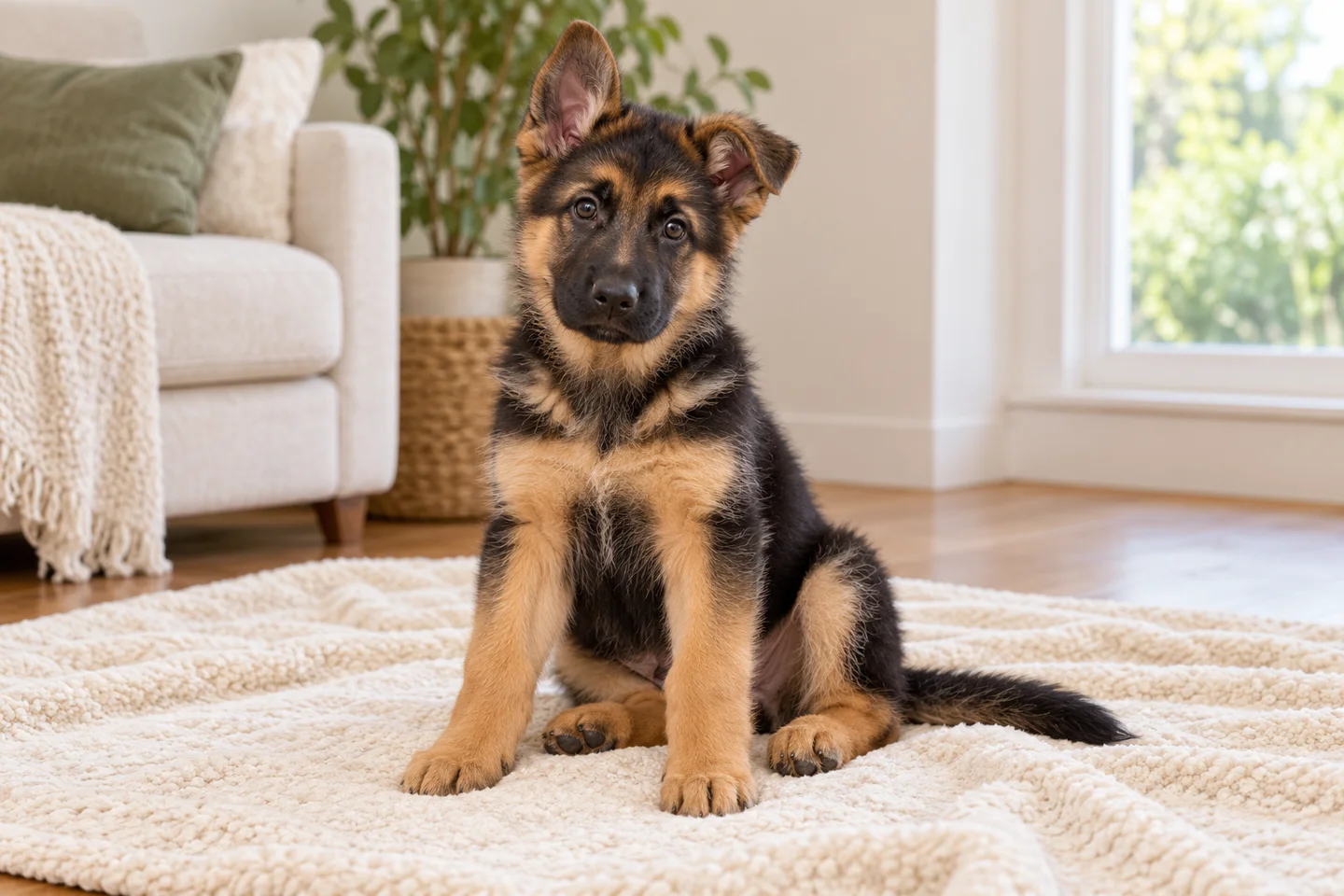 German Shepherd puppy with black and tan markings sitting indoors