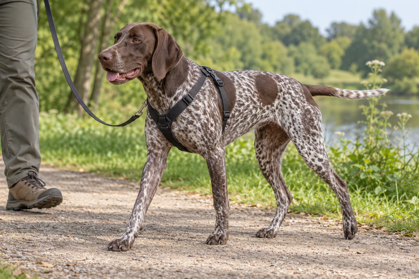 German Shorthaired Pointer (liver roan with natural ears and full tail) walking comfortably beside an adult handler, with natural ears and tail