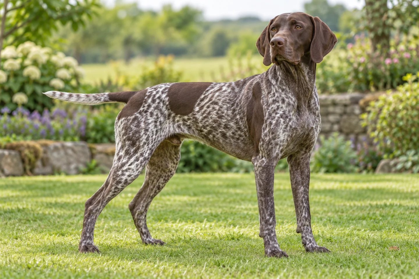 German Shorthaired Pointer (liver roan with natural ears and full tail) adult standing naturally on a garden lawn, with natural ears and tail