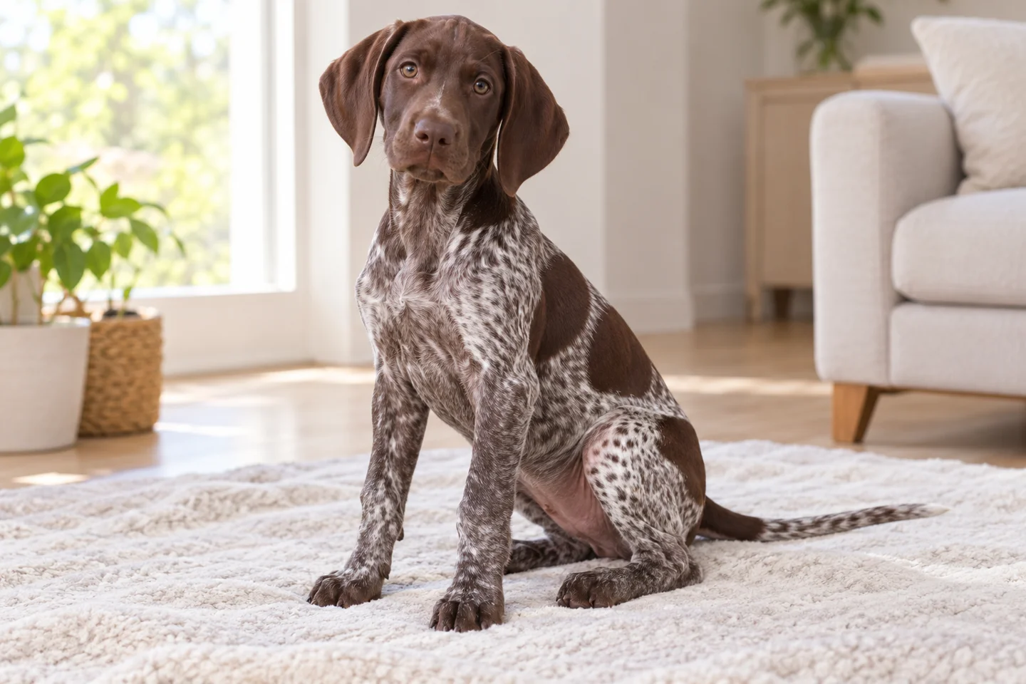 German Shorthaired Pointer (liver roan with natural ears and full tail) young dog resting on a pale blanket, with natural ears and tail