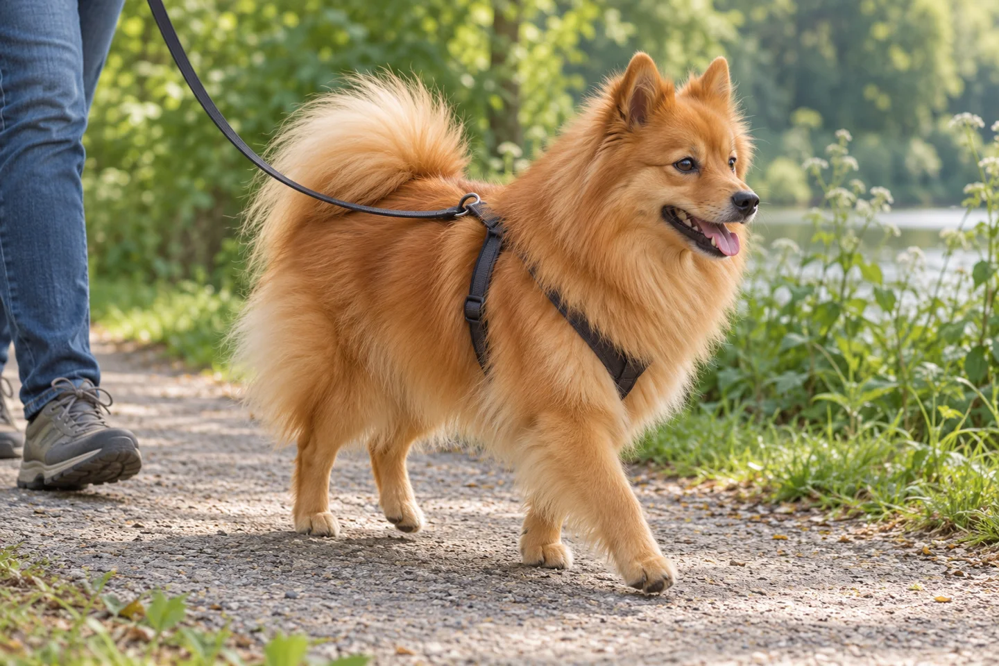 German Spitz (orange Mittelspitz, not a Pomeranian) walking comfortably beside an adult handler, with natural ears and tail