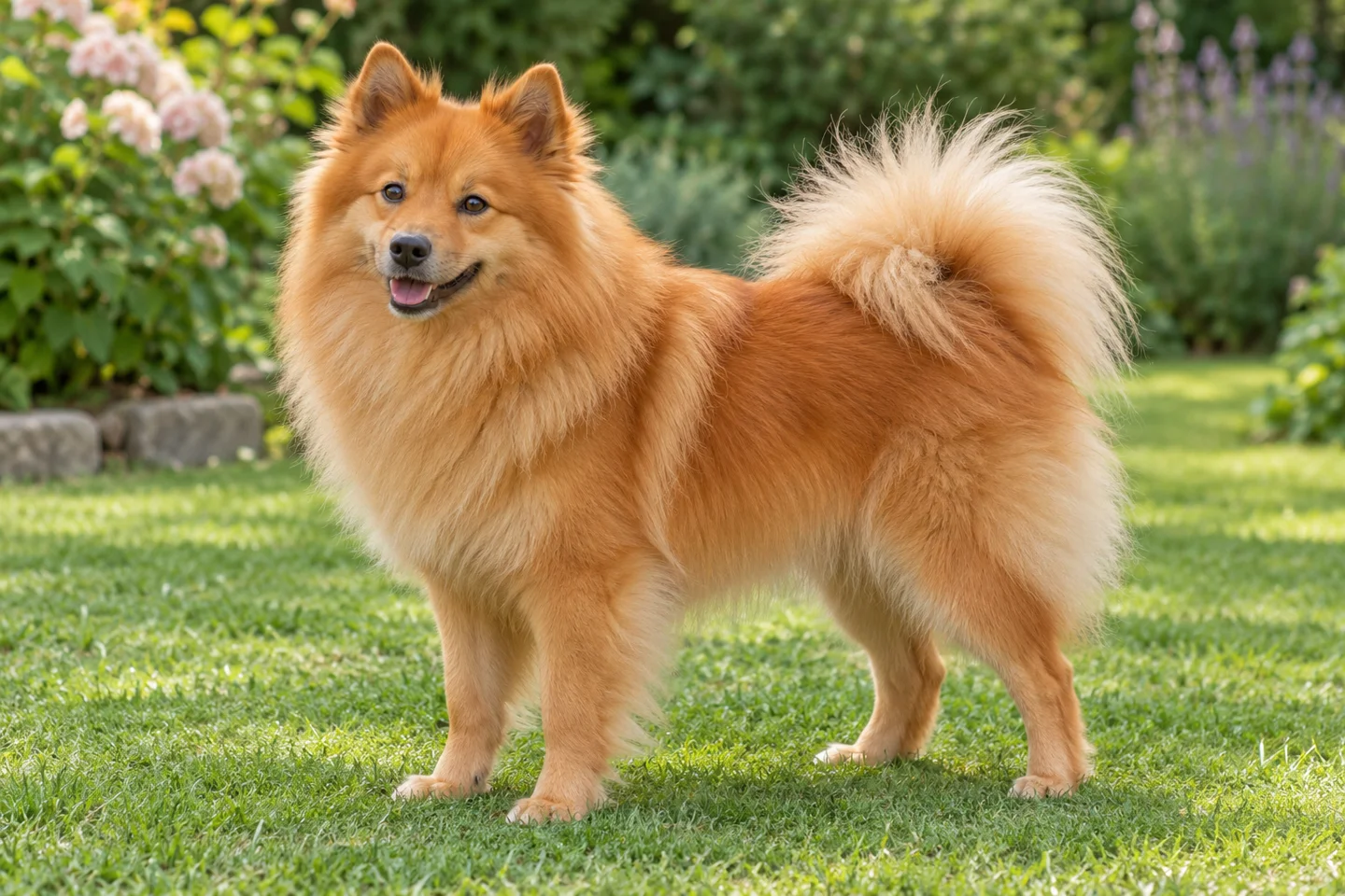 German Spitz (orange Mittelspitz, not a Pomeranian) adult standing naturally on a garden lawn, with natural ears and tail
