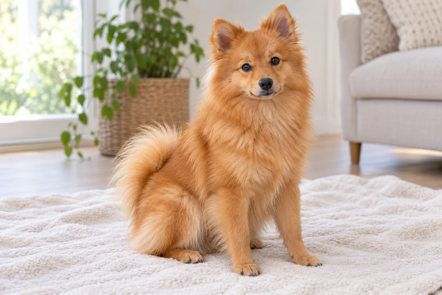 German Spitz (orange Mittelspitz, not a Pomeranian) young dog resting on a pale blanket, with natural ears and tail