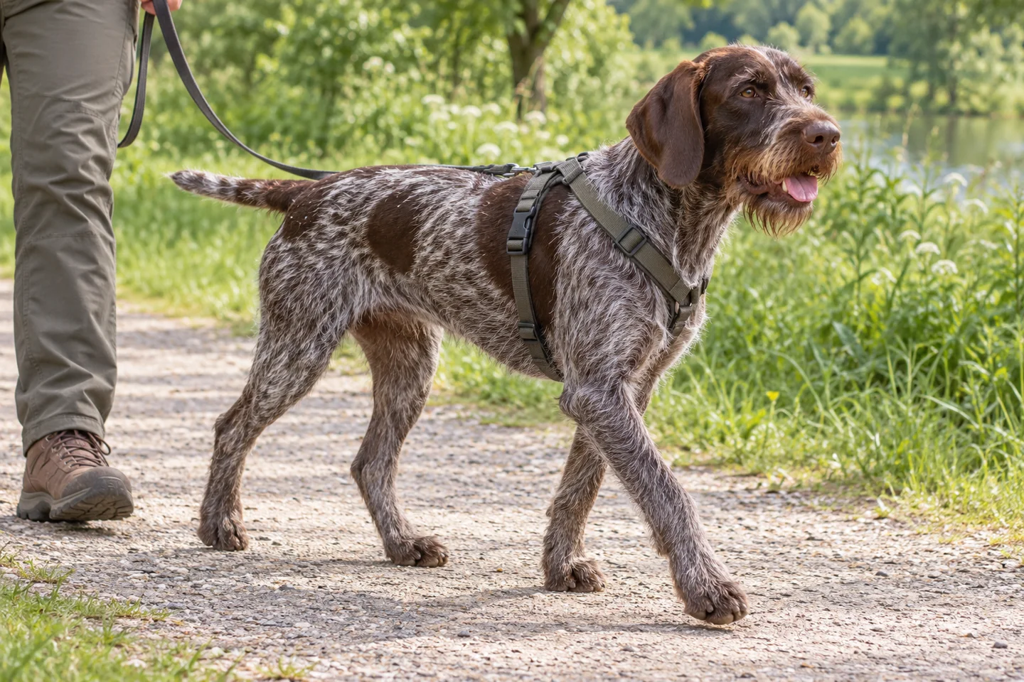 German Wirehaired Pointer (brown roan with natural ears and full tail) walking comfortably beside an adult handler, with natural ears and tail