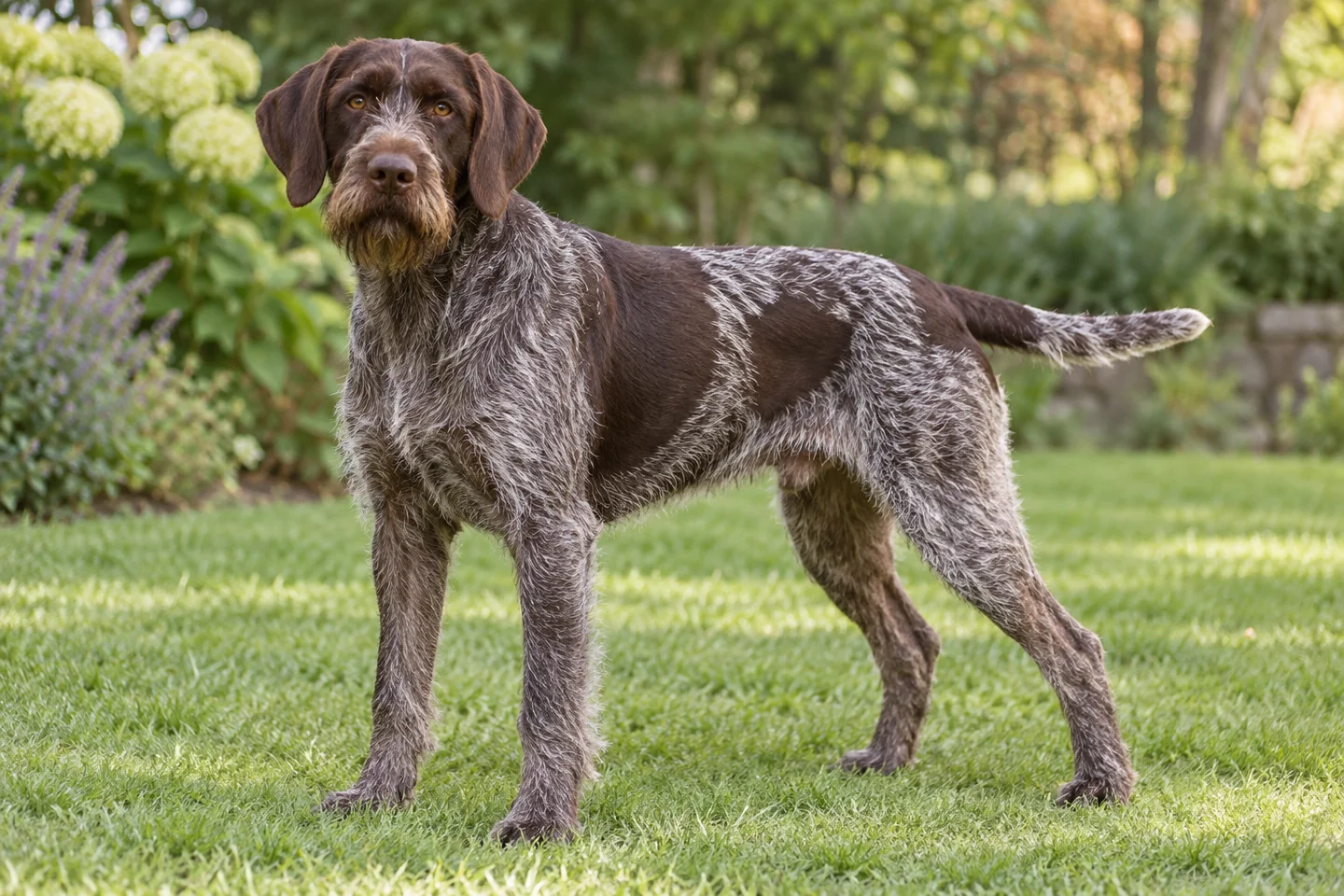 German Wirehaired Pointer (brown roan with natural ears and full tail) adult standing naturally on a garden lawn, with natural ears and tail