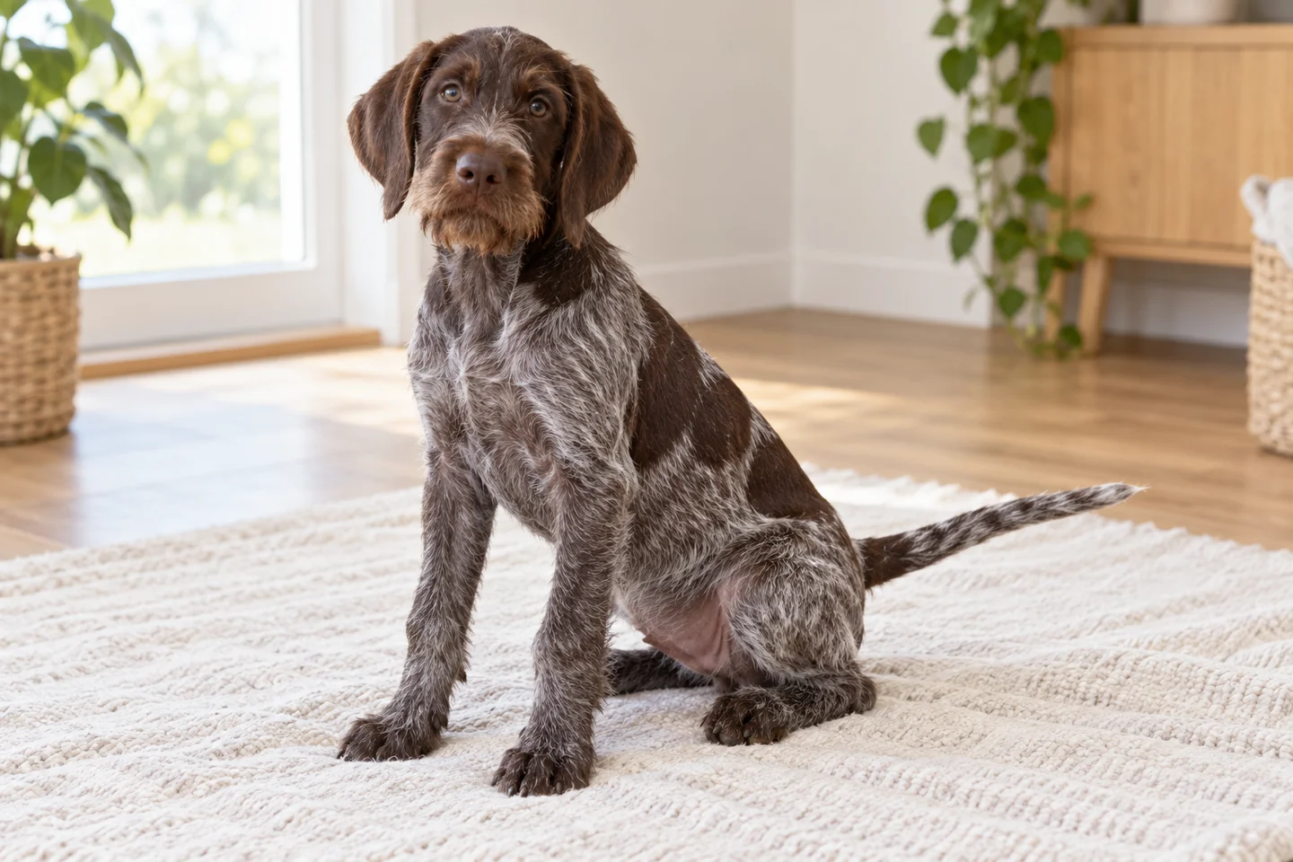 German Wirehaired Pointer (brown roan with natural ears and full tail) young dog resting on a pale blanket, with natural ears and tail