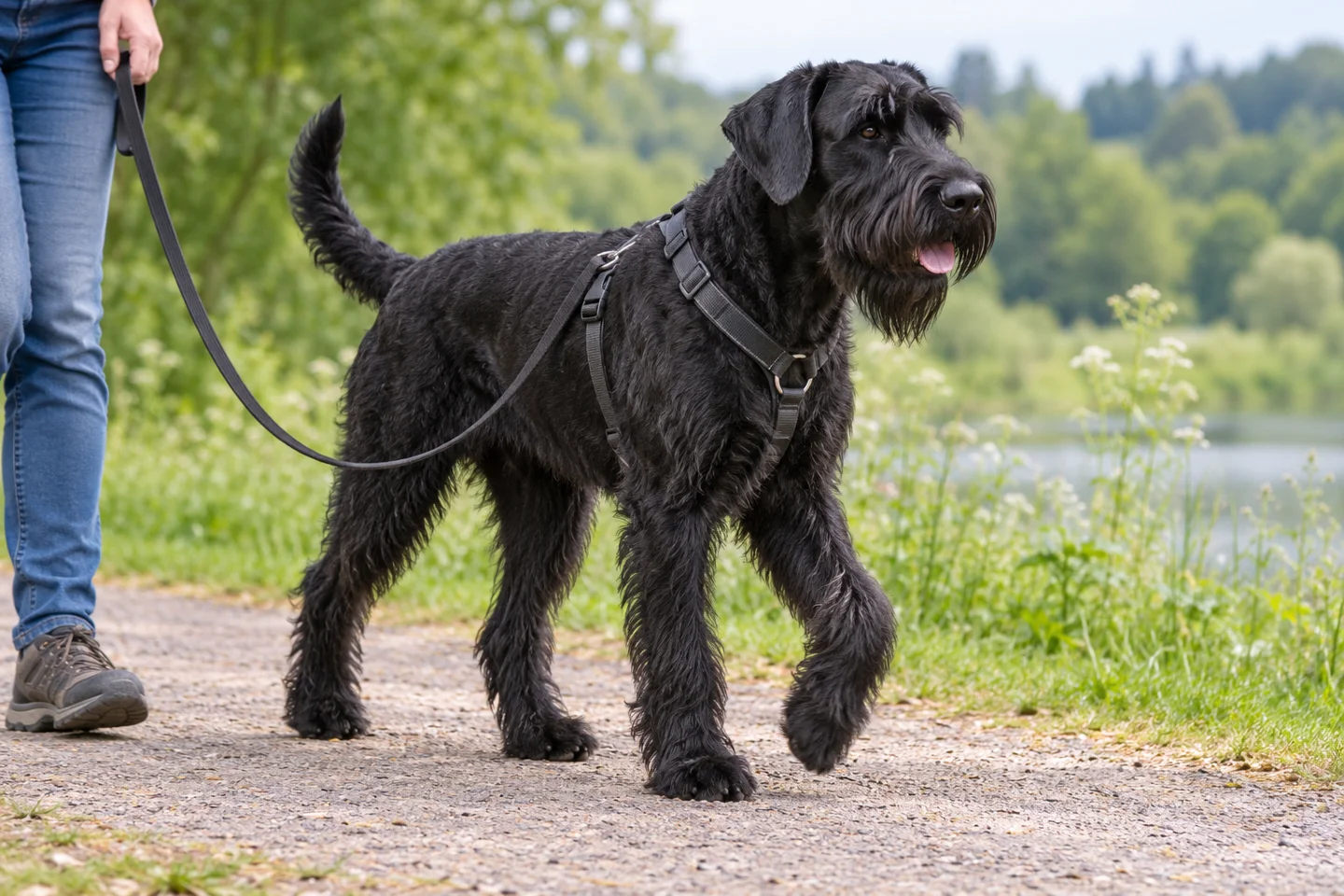 Giant Schnauzer (black with natural drop ears and full tail) walking comfortably beside an adult handler, with natural ears and tail