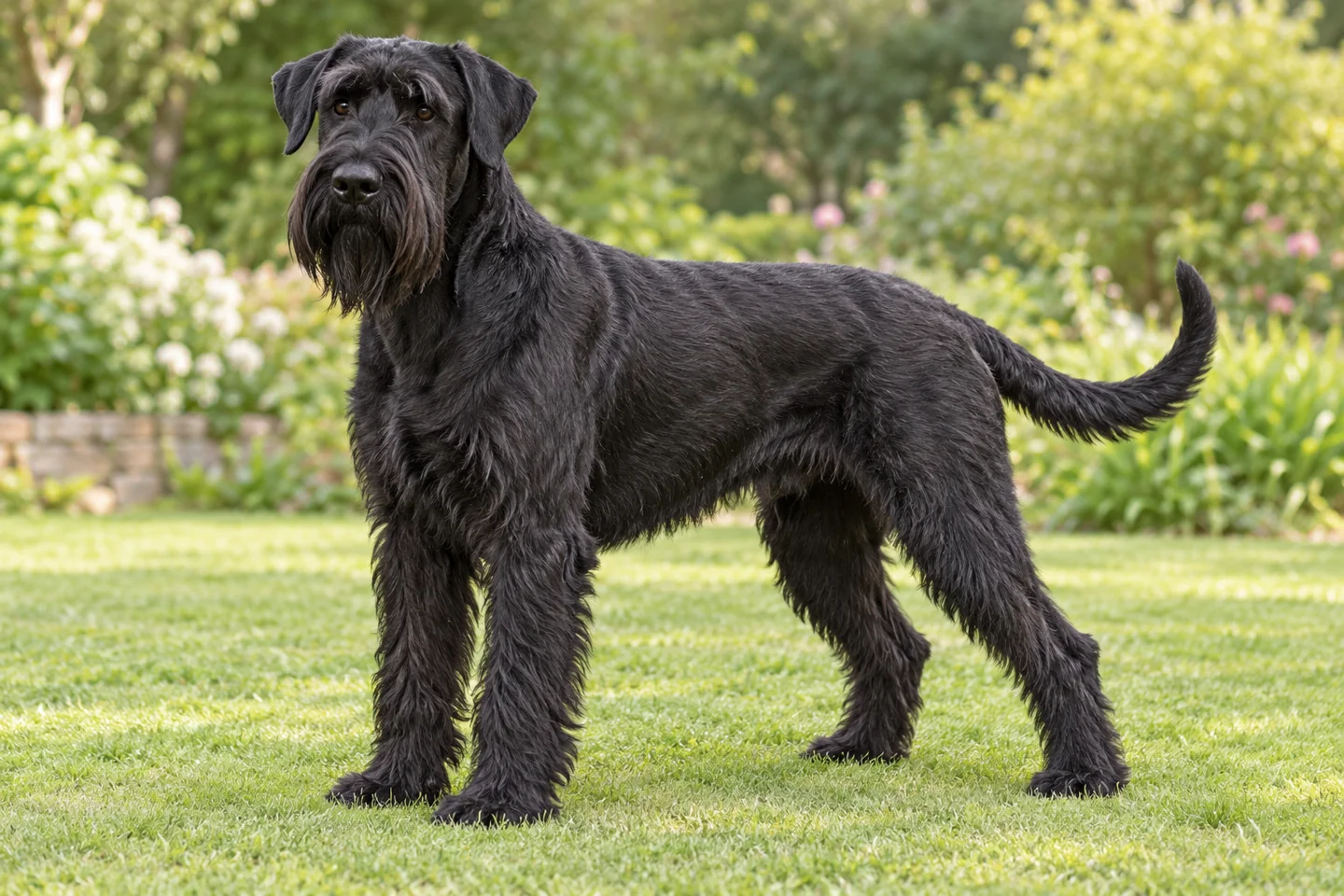 Giant Schnauzer (black with natural drop ears and full tail) adult standing naturally on a garden lawn, with natural ears and tail