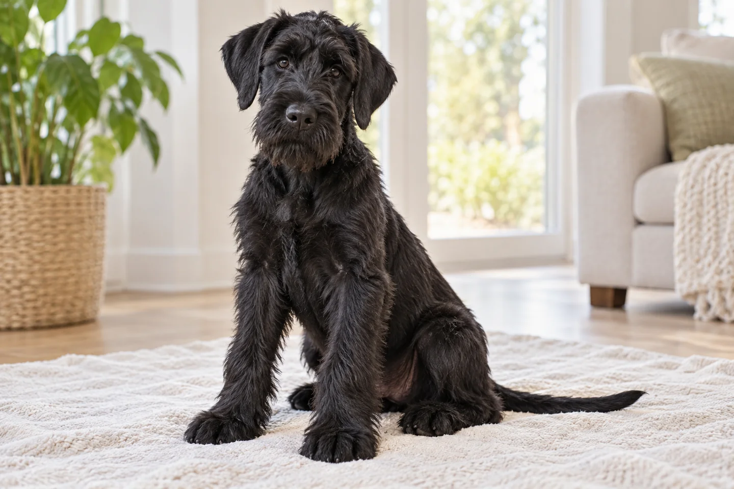Giant Schnauzer (black with natural drop ears and full tail) young dog resting on a pale blanket, with natural ears and tail