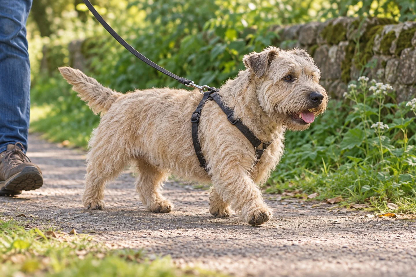 Glen of Imaal Terrier (wheaten with natural rose or half-prick ears and full tail) walking comfortably beside an adult handler, with natural ears and tail
