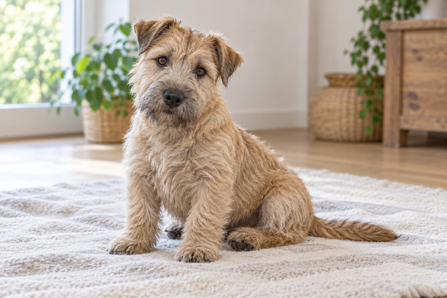 Glen of Imaal Terrier (wheaten with natural rose or half-prick ears and full tail) young dog resting on a pale blanket, with natural ears and tail