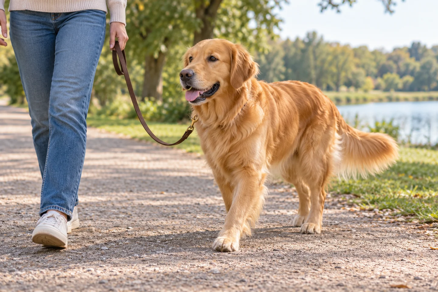 Adult Golden Retriever walking beside a person on a loose leash