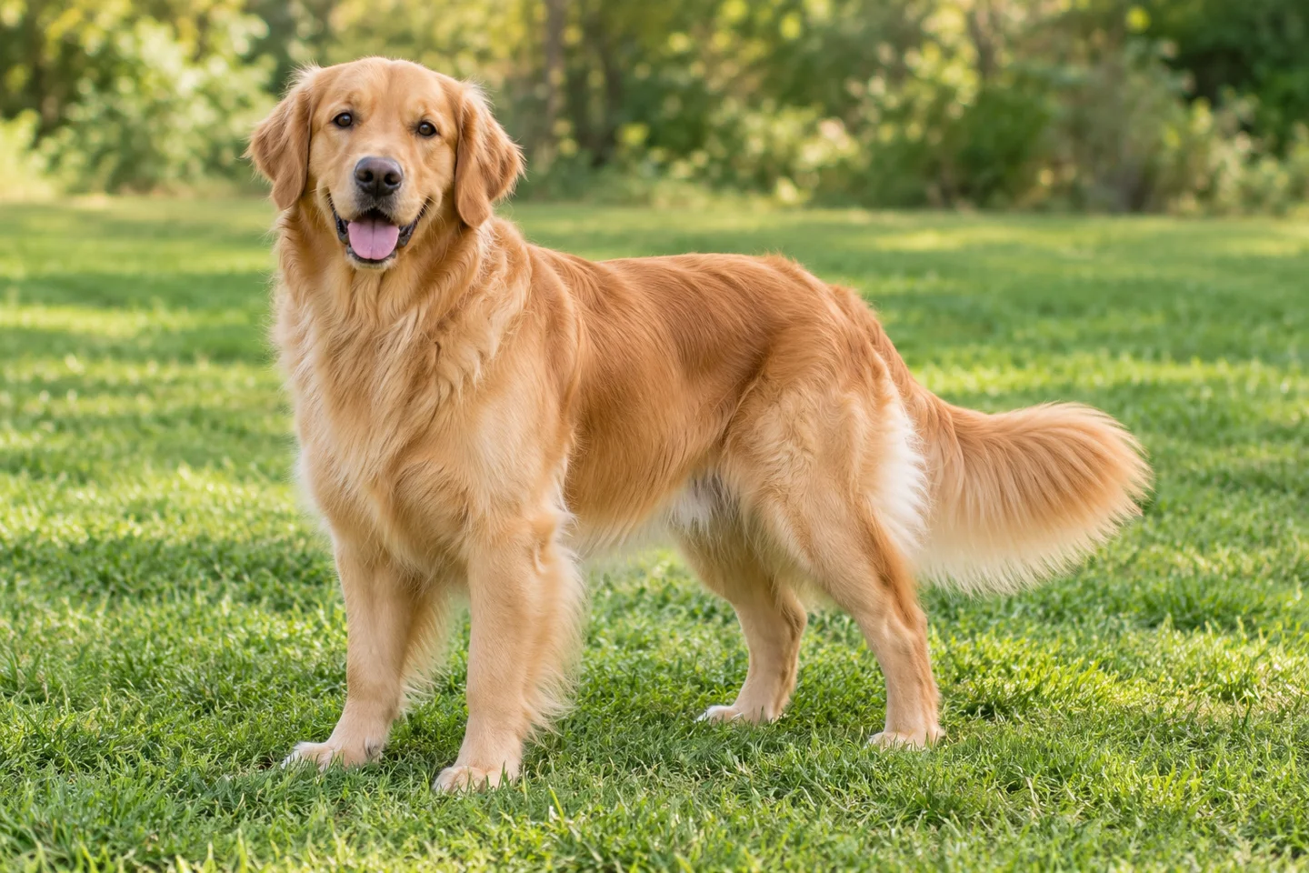 Adult Golden Retriever with a gold feathered coat standing on grass