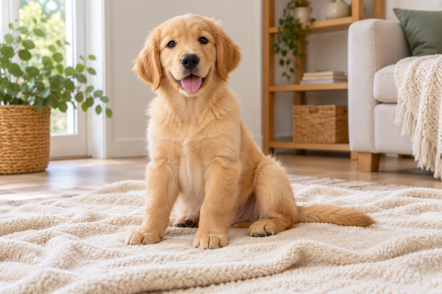 Golden Retriever puppy sitting on a blanket in a living room