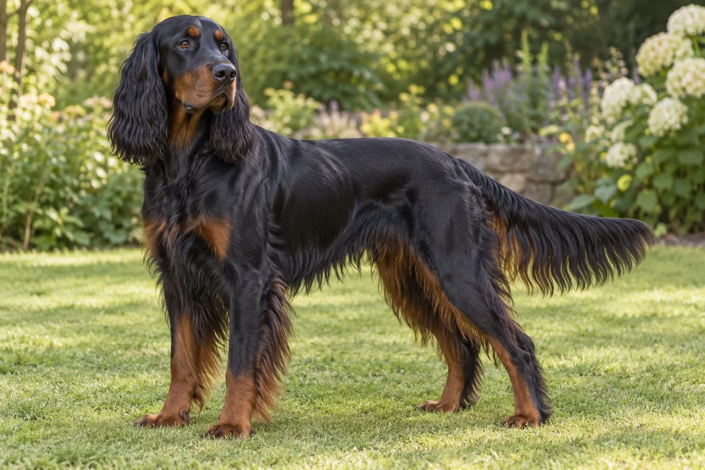 Adult black-and-tan Gordon Setter standing on grass