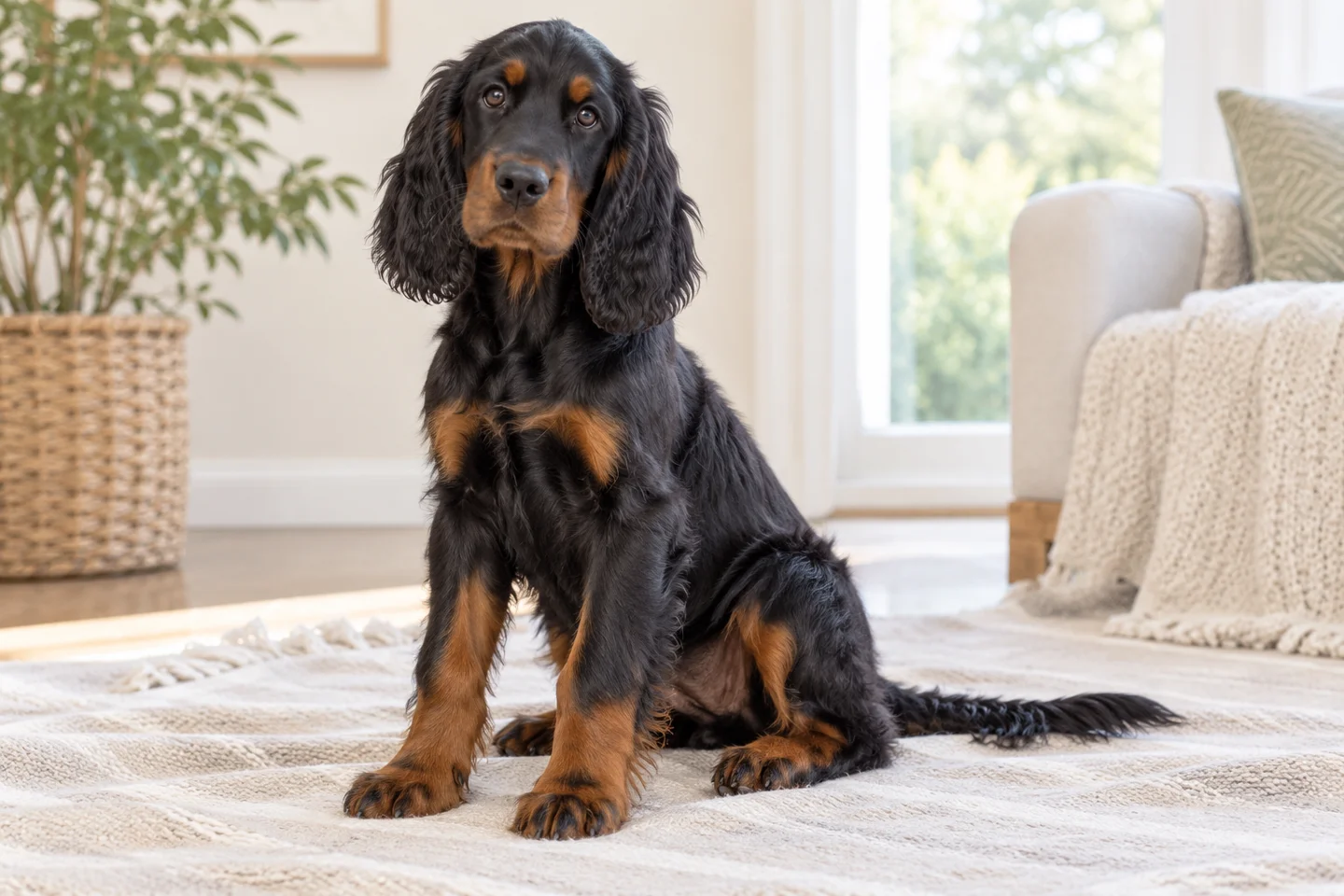 Young Gordon Setter resting on an indoor blanket