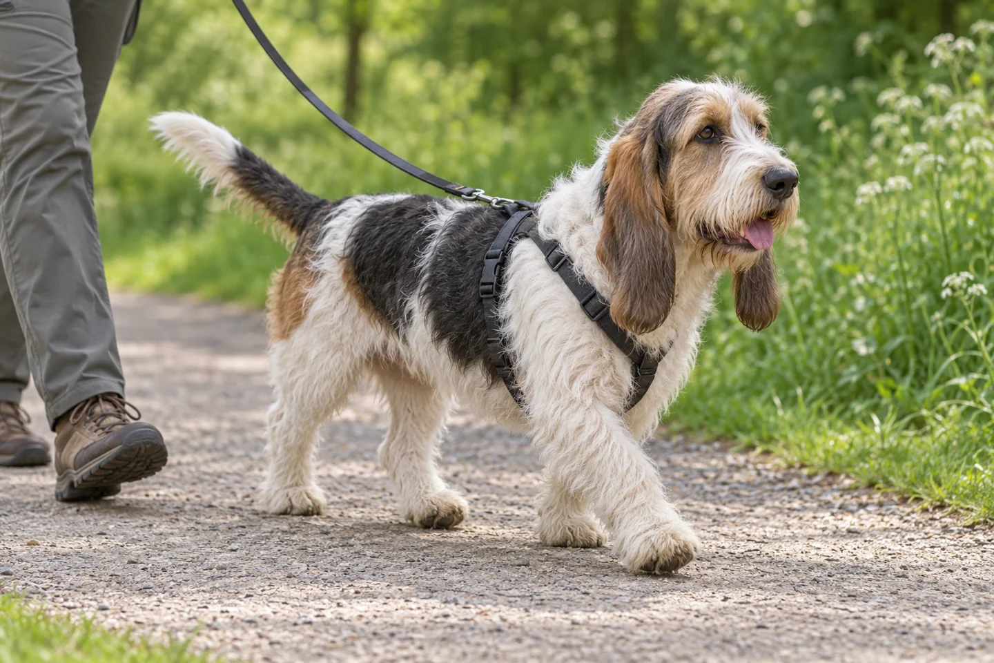 Grand Basset Griffon Vendéen (tricolor with natural ears and full tail) walking comfortably beside an adult handler, with natural ears and tail