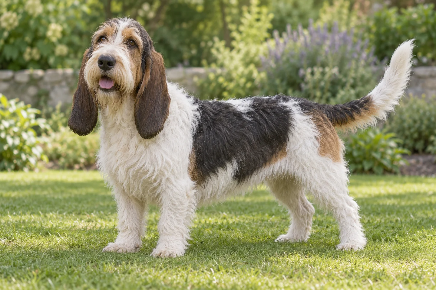 Grand Basset Griffon Vendéen (tricolor with natural ears and full tail) adult standing naturally on a garden lawn, with natural ears and tail