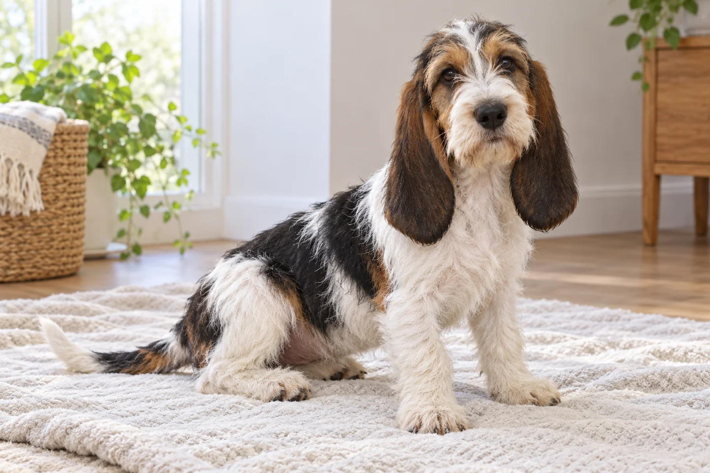 Grand Basset Griffon Vendéen (tricolor with natural ears and full tail) young dog resting on a pale blanket, with natural ears and tail