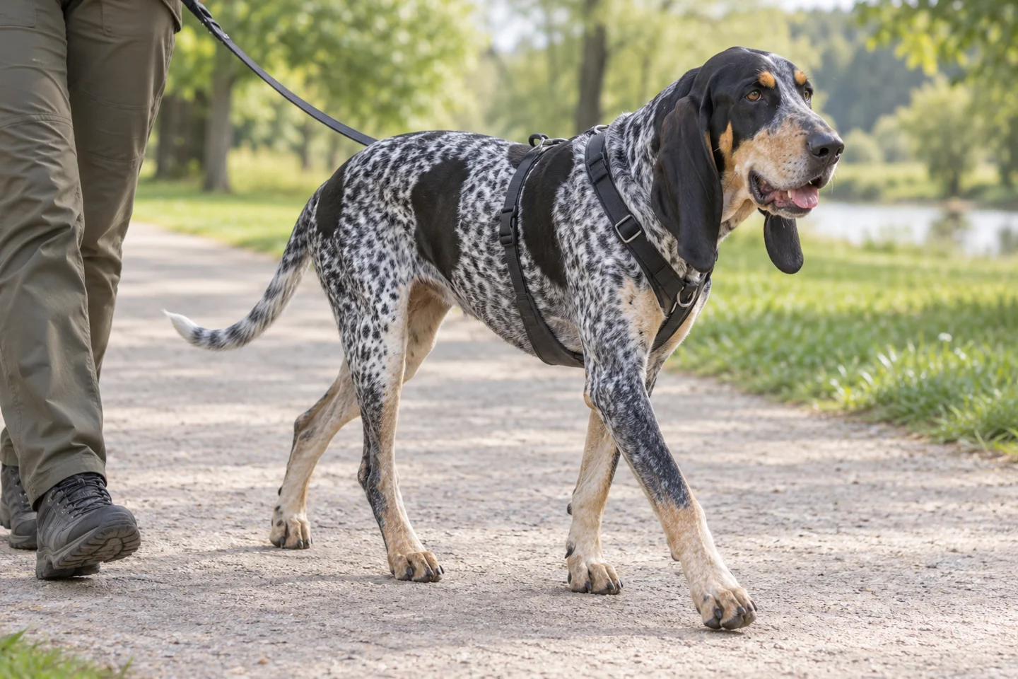 Grand Bleu de Gascogne adult walking in a harness beside an adult handler, with breed-specific coat and natural anatomy
