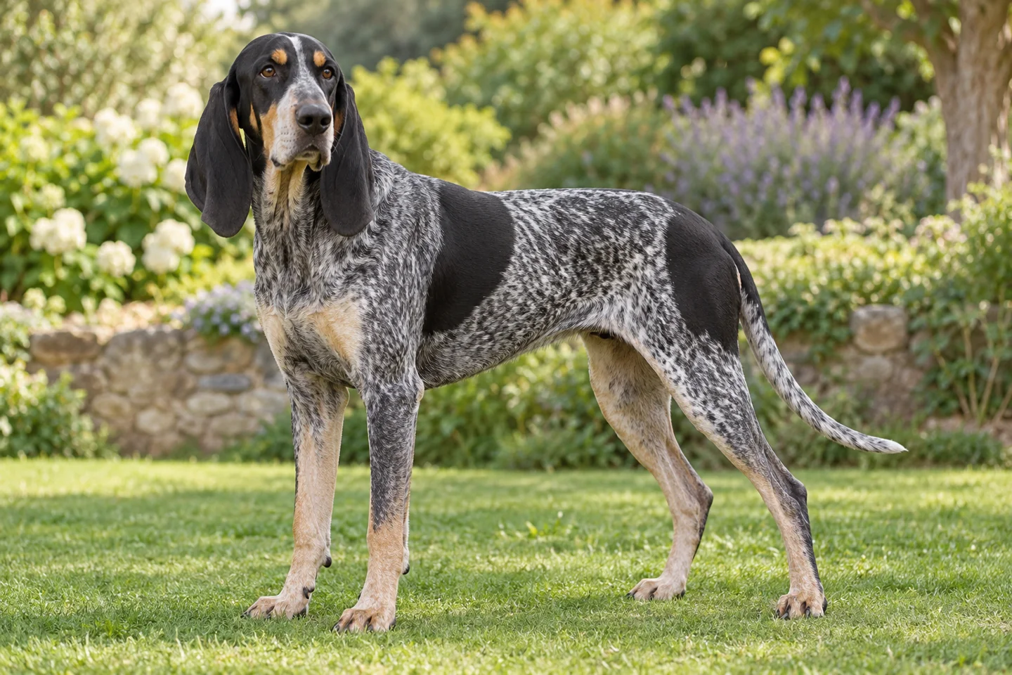 Grand Bleu de Gascogne adult standing naturally outdoors, with breed-specific coat and natural anatomy