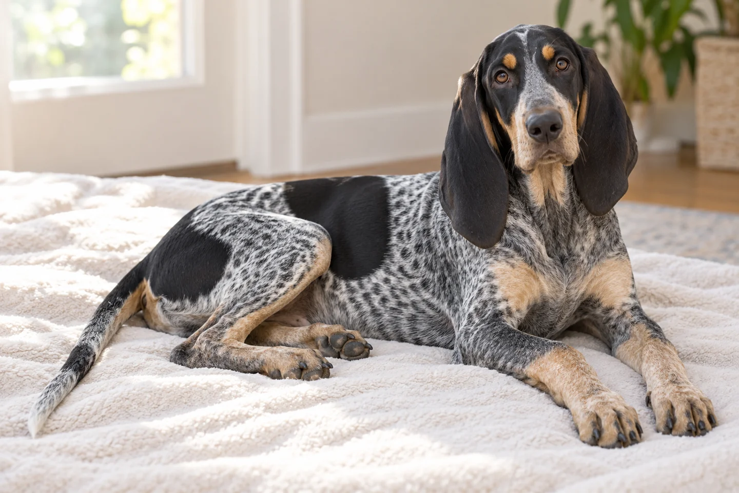 Grand Bleu de Gascogne older puppy resting on a blanket indoors, with breed-specific coat and natural anatomy